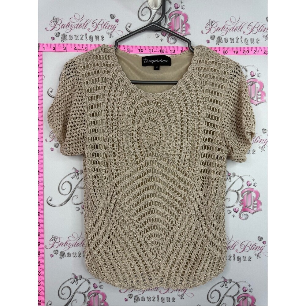 Temptations crochet knit Beige Open Crochet Short Sleeve Top
